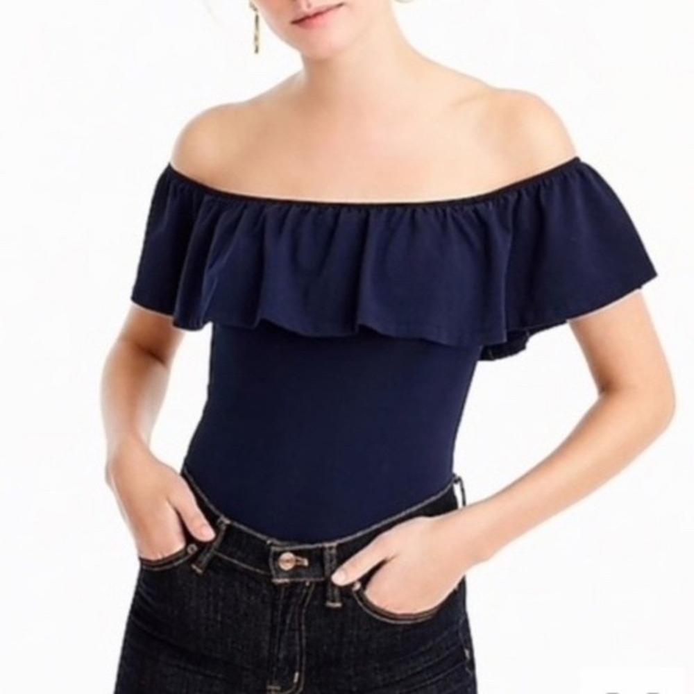 J. Crew Ruffle Off Shoulder Bodysuit Navy Blue‎ Stretch Cotton Blend Large